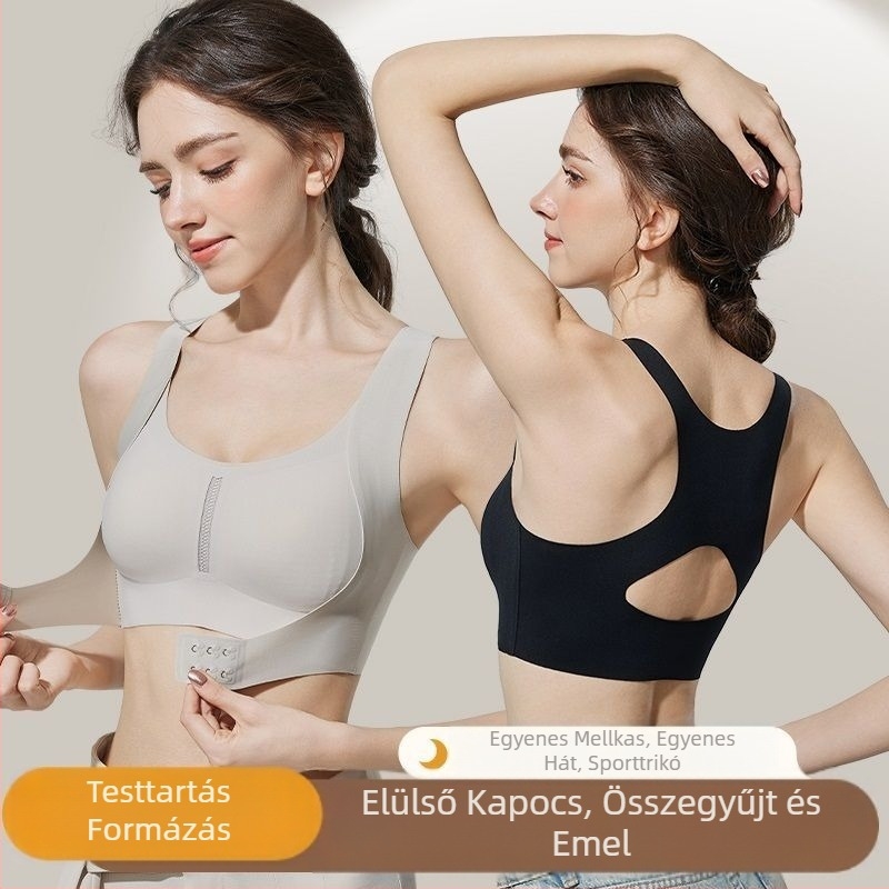 Női sportmelltartó testtartás-korrekciójára, elől zárható, push-up kis mellekhez, anti-lógás és háti formázás