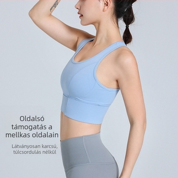Vest-stílusú sportmelltartó futáshoz és edzéshez; kosár 3/4, vékonyan formázott kosár, rögzített dupla pántok, hátul öt sor csat; fő anyag nylon 75% / bélés spandex 25%