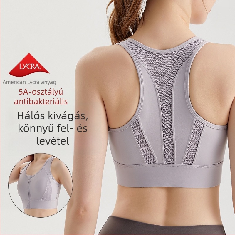 Női sportmelltartó elől cipzáras, hálós hát, 3/4 kosár, középső formázott kosár, rögzített dupla vállpántok, nylon anyag