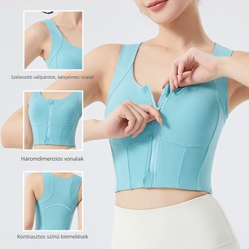 Női sportos front-zip felső, nylon 80% / elasztán 20%, 3/4-es kosár közepes formázással, fényes egyrészes dizájn, rögzített dupla vállpántok