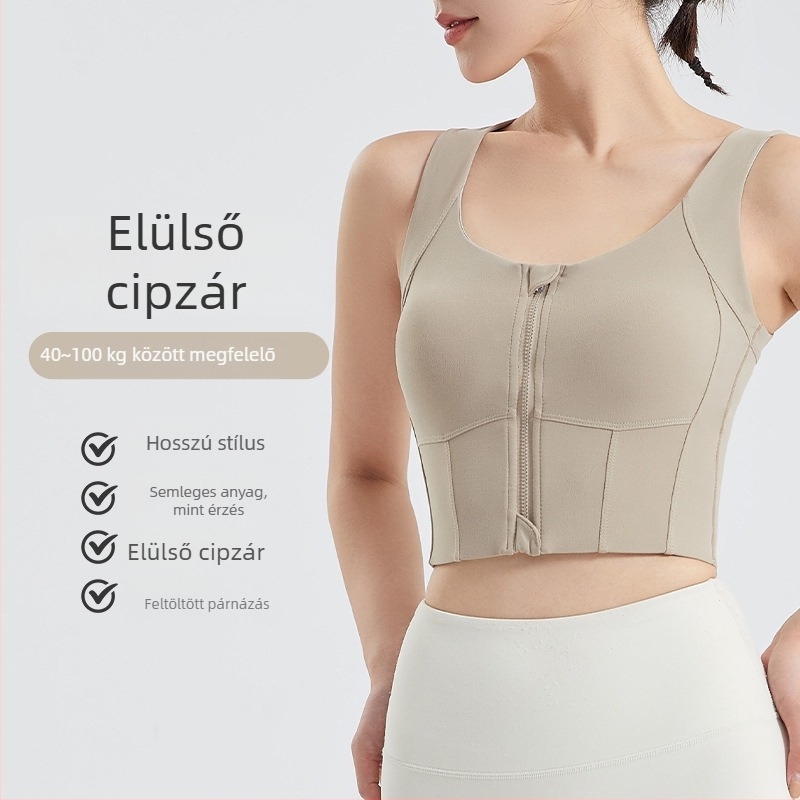 Női sportos front-zip felső, nylon 80% / elasztán 20%, 3/4-es kosár közepes formázással, fényes egyrészes dizájn, rögzített dupla vállpántok