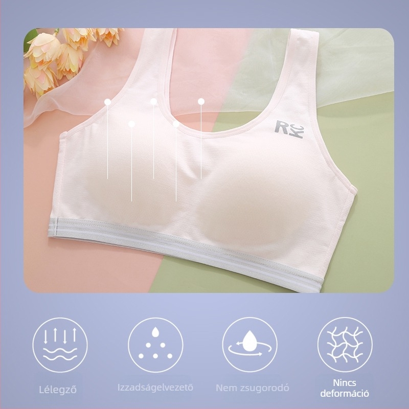 Pamut vest-stílusú sportmelltartó lányoknak 12–15 éveseknek, ultra vékony formázott kosár, légáteresztő anyag, izzadság-elvezető, rögzített vállpántok