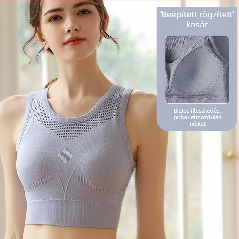 Egydarabos sportmelltartó rögzített kosarakkal, magas támasz, vezeték nélküli hátsó rész futáshoz és edzéshez (teljes kosár; vékony formázott kosár; rögzített dupla vállpántok; 70–80% nejlon; pamut kosár)