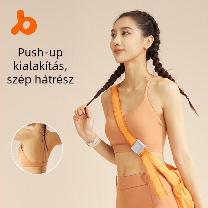 Sportmelltartó jóga- és edzéshez, fix nyakpánttal, egyrészes dizájn, kosár 3/4, fő anyag 78% nylon, bélés 22% spandex