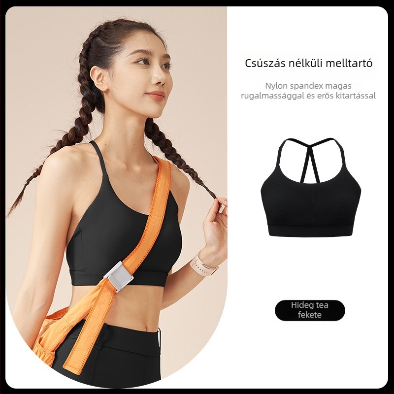 Sportmelltartó jóga- és edzéshez, fix nyakpánttal, egyrészes dizájn, kosár 3/4, fő anyag 78% nylon, bélés 22% spandex