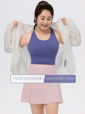 Légáteresztő hosszú sportmellény mellbetétekkel, anyaga nylon, fő anyag 75% nylon, vékony formázott kosár, rögzített dupla vállpántok, hátul négy sor csatokkal