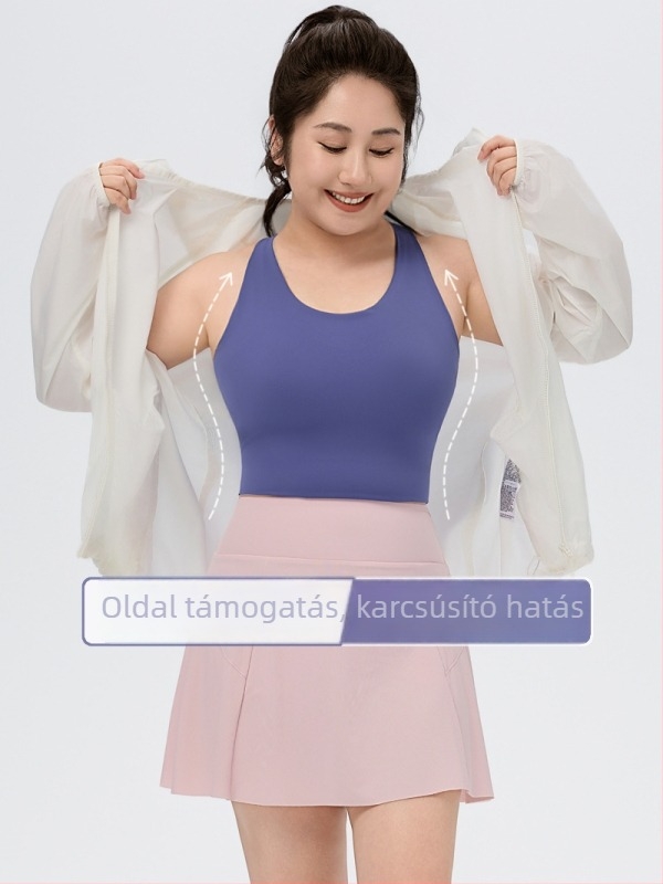 Légáteresztő hosszú sportmellény mellbetétekkel, anyaga nylon, fő anyag 75% nylon, vékony formázott kosár, rögzített dupla vállpántok, hátul négy sor csatokkal
