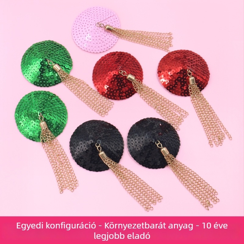 Bimbóvédő tapasz bőrből, PU-ból, gyöngyökkel és fém bojtokkal — kör alakú, nyom nélkül, Night Silk márka