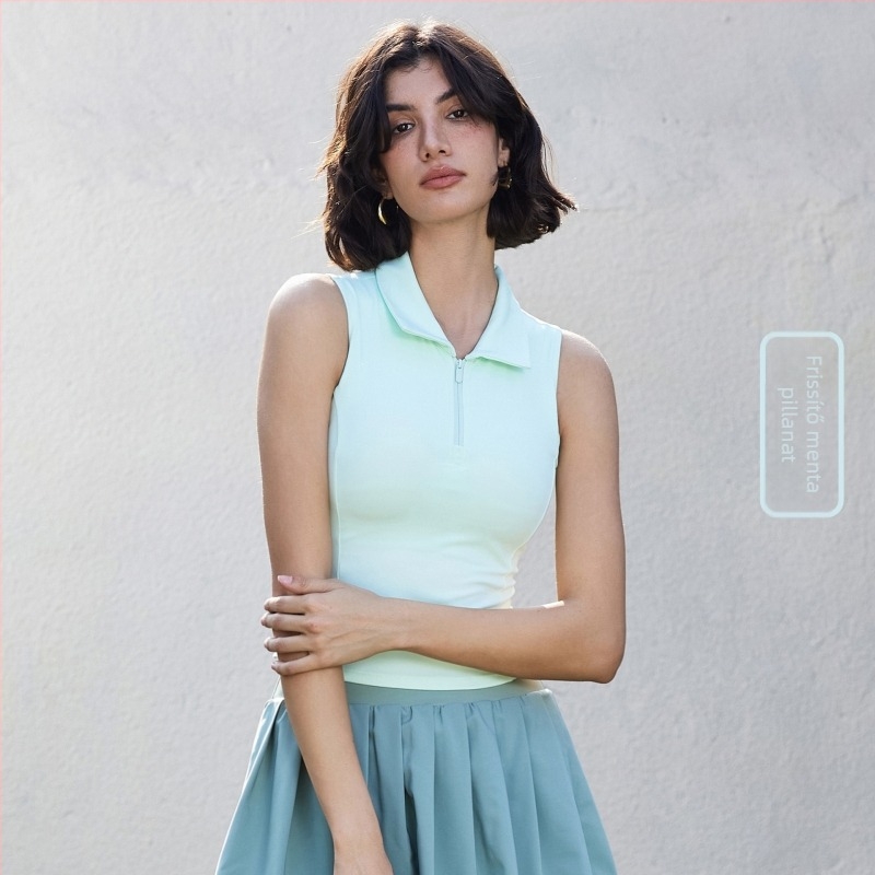 Polo teniszes mellény álló gallérral – ujjatlan, karcsú fazon, légáteresztő anyag, 82% nylon, 18% spandex, NULS Youth Ice Mint anyag, fiatal nőknek
