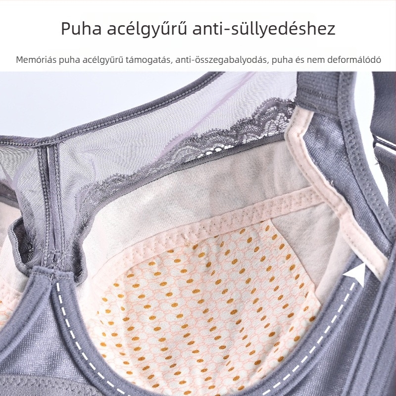 Teljes kosárú csipkés melltartó vékony formázott kosarakkal, rögzített dupla vállpántokkal, hátul négy sor kapoccsal, 70–80% poliészter és pamut bélés