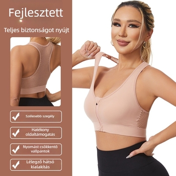 Nylon anyagú sportmelltartó elöl cipzárral, közepes formájú kosár, fix dupla vállpánt, lélegző, varrat nélküli Push-Up