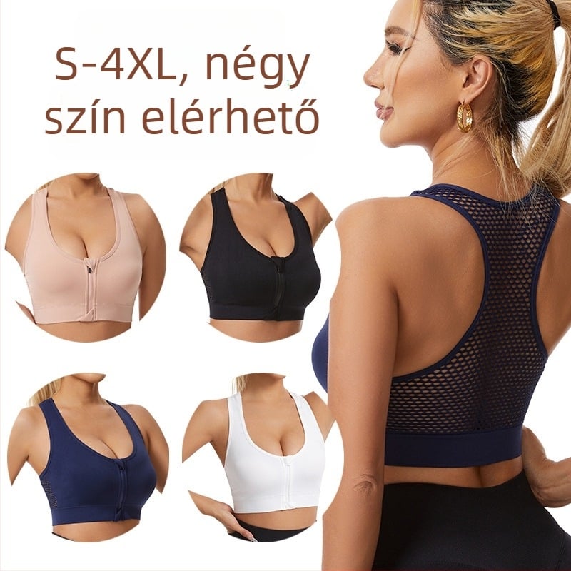 Nylon anyagú sportmelltartó elöl cipzárral, közepes formájú kosár, fix dupla vállpánt, lélegző, varrat nélküli Push-Up