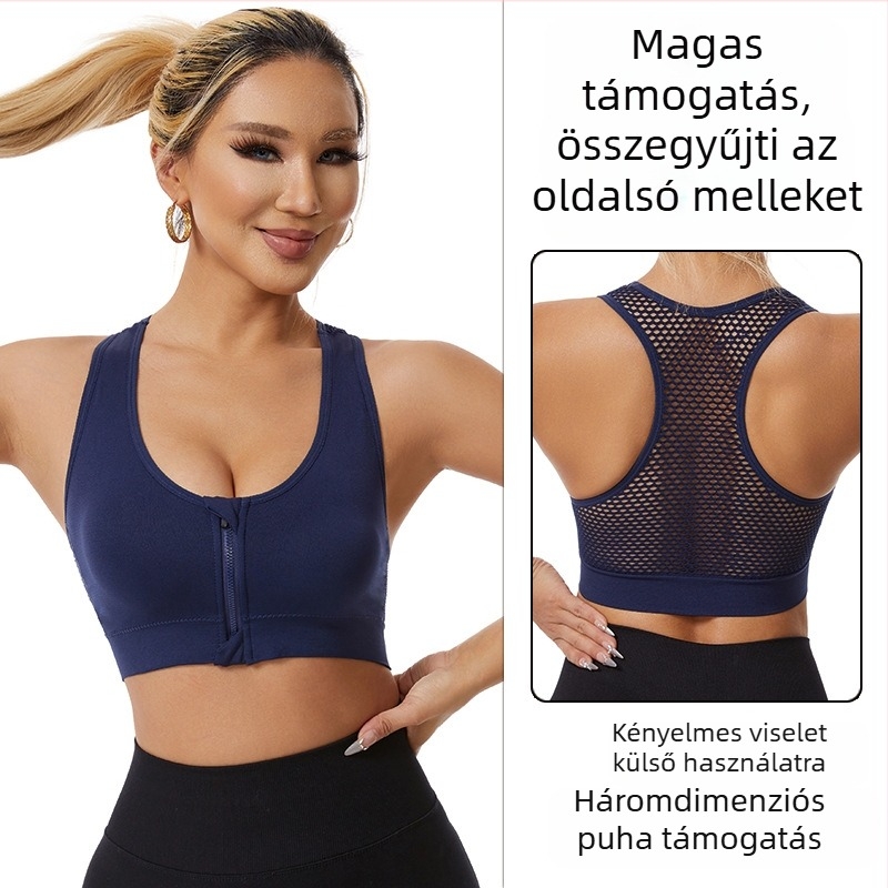 Nylon anyagú sportmelltartó elöl cipzárral, közepes formájú kosár, fix dupla vállpánt, lélegző, varrat nélküli Push-Up