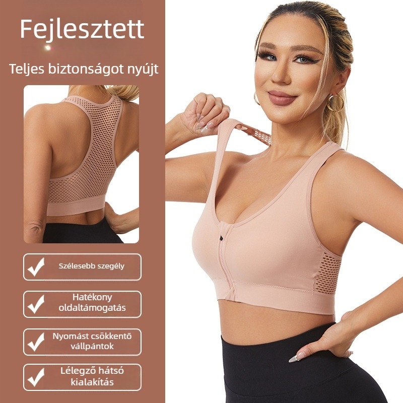 Nylon anyagú sportmelltartó elöl cipzárral, közepes formájú kosár, fix dupla vállpánt, lélegző, varrat nélküli Push-Up