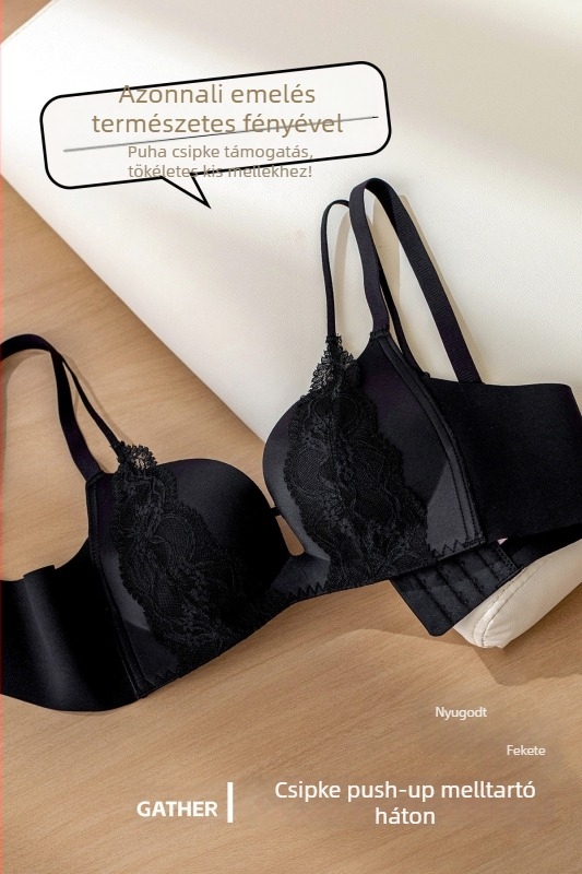 Push-up csipkés melltartó, drót nélküli, 3/4-es kosár, nylon anyag, hátul három sor kapocs