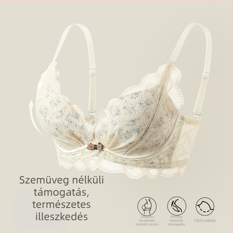 Csipkés, merevítő nélküli melltartó készlet, kupék: felső rész vékony, alsó rész vastag; anyag: nejlon spandex béléssel; fix vállpántok; hátul négy sor horogzár