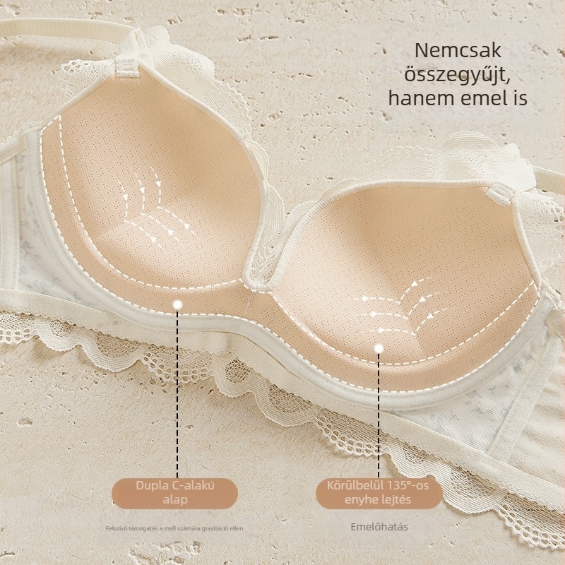 Csipkés, merevítő nélküli melltartó készlet, kupék: felső rész vékony, alsó rész vastag; anyag: nejlon spandex béléssel; fix vállpántok; hátul négy sor horogzár