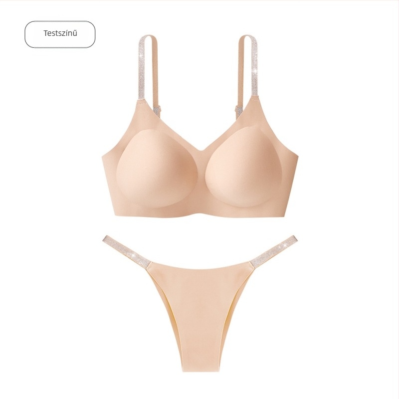 Nude színű, seamless melltartó és alsónemű készlet, levehető dupla vállpántokkal és csillogó strasszos díszítéssel