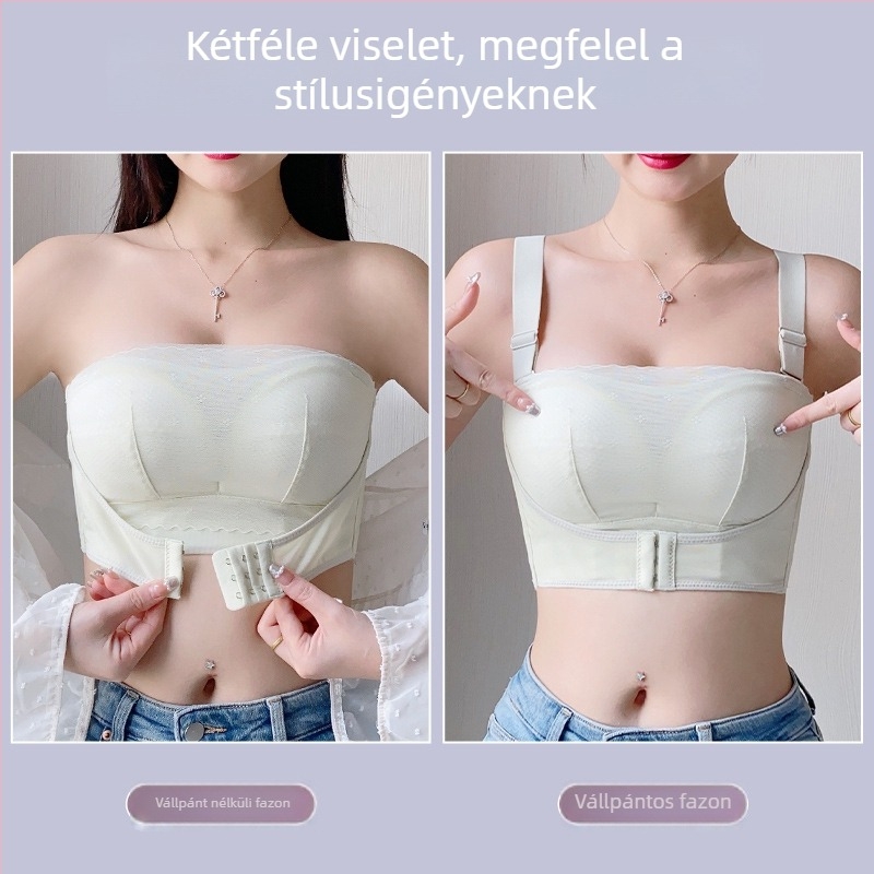 Nagy mellekhez tervezett váll nélküli melltartó, ultra vékony push-up, csúszásmentes, előre záródó, wrap stílusú, nőknek