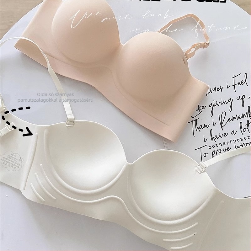 Sima, hát nélküli melltartó, 3/4 kosár, nylon anyagú, belső spandex 30–50%, levehető dupla vállpántok