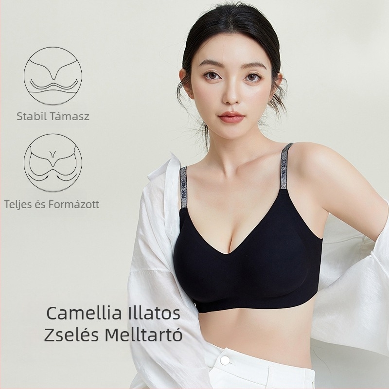 Teljes kosaras melltartó, drót nélküli, puha támasz, vékony formázott kosár, rögzített vállpántok, hátul négy sor kapoccsal