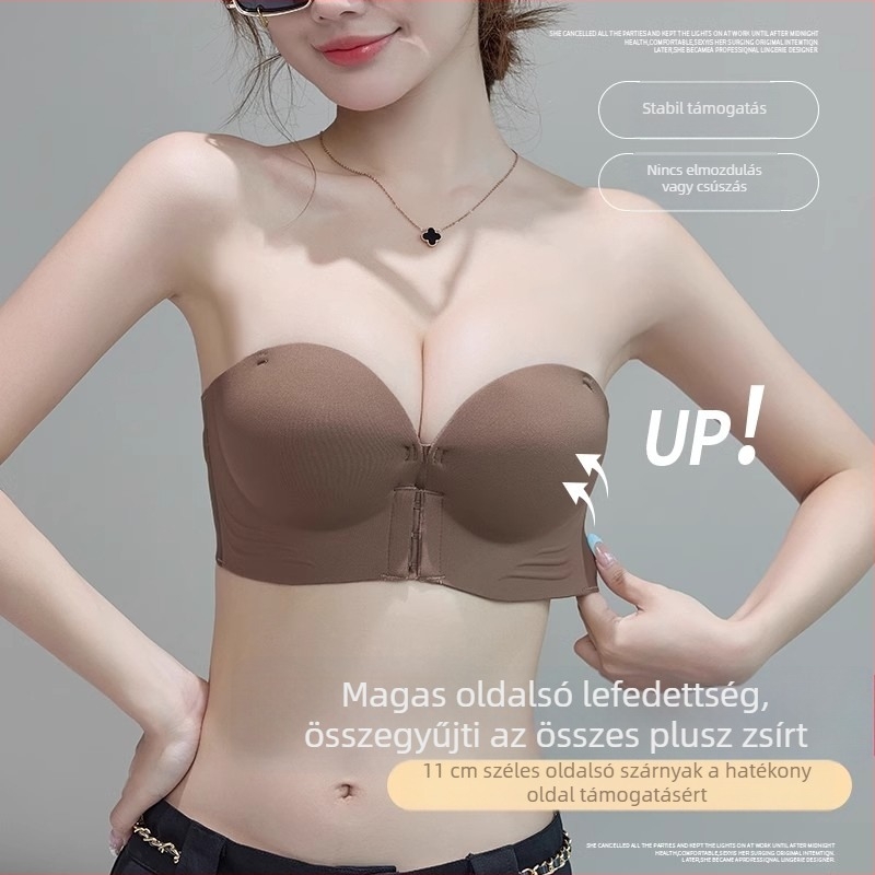 Csúszásmentes, váll nélküli melltartó, push-up hatás kismellre, 3/4 kosár vastag formázott habbal, nylon anyag