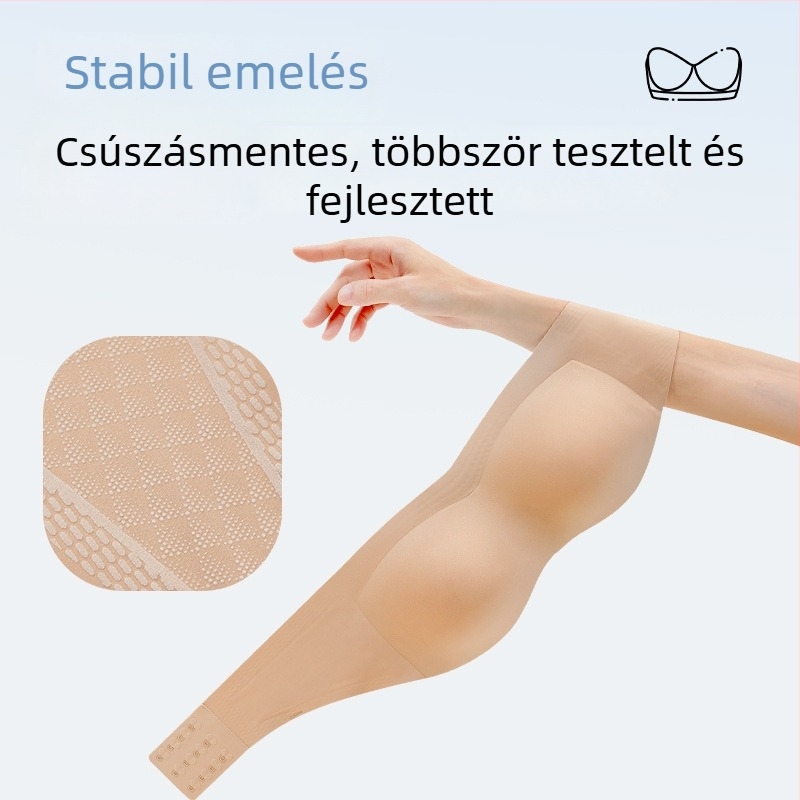 Varrásmentes melltartó, csúszásmentes, hátsó rész nélküli, egy darabból, levehető dupla vállpántok, teljes kosár, vékony formázott kosár, nylon spandex bélés