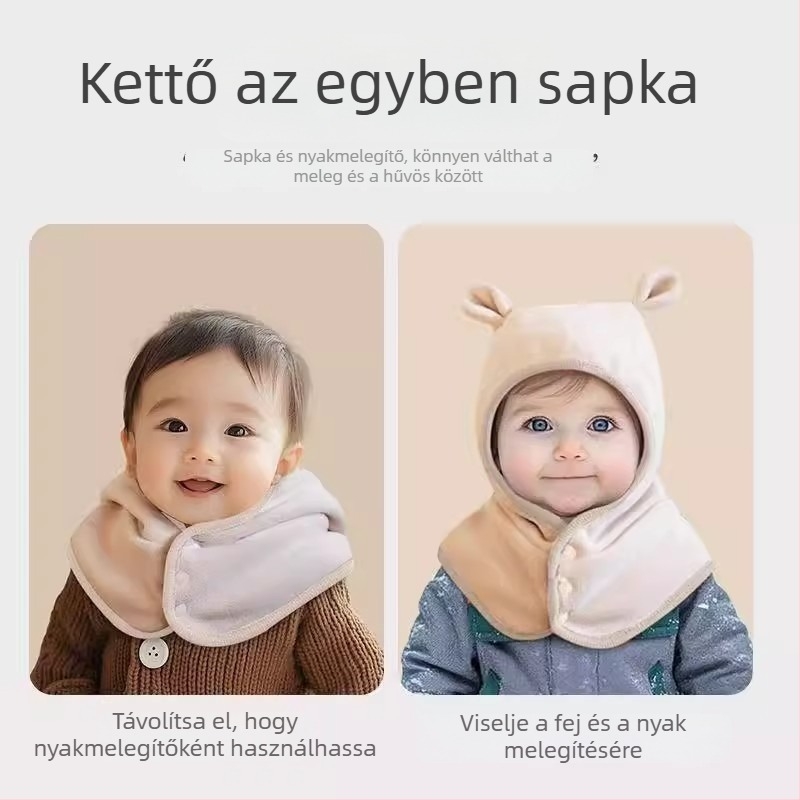 Fiú babának való téli sapka beépített nyakmelegítővel és fültakaróval, fleece-béléses, szélvédett és vastagított