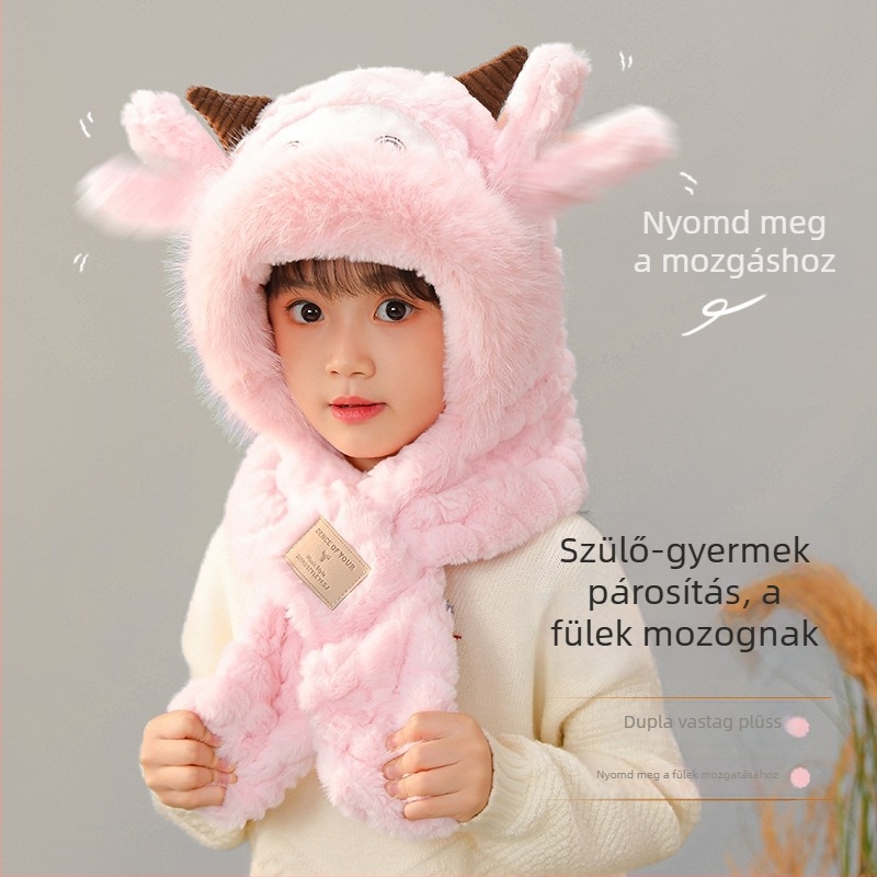 Aranyos gyerekeknek készült plüss sapka-sál mozgó bárányfülű dizájnnal, integrált fleece béléssel a téli melegért