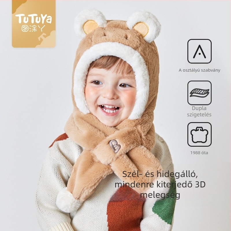 Tu Tu Ya gyerekeknek szóló plüss téli sapka beépített sállal és fülvédővel