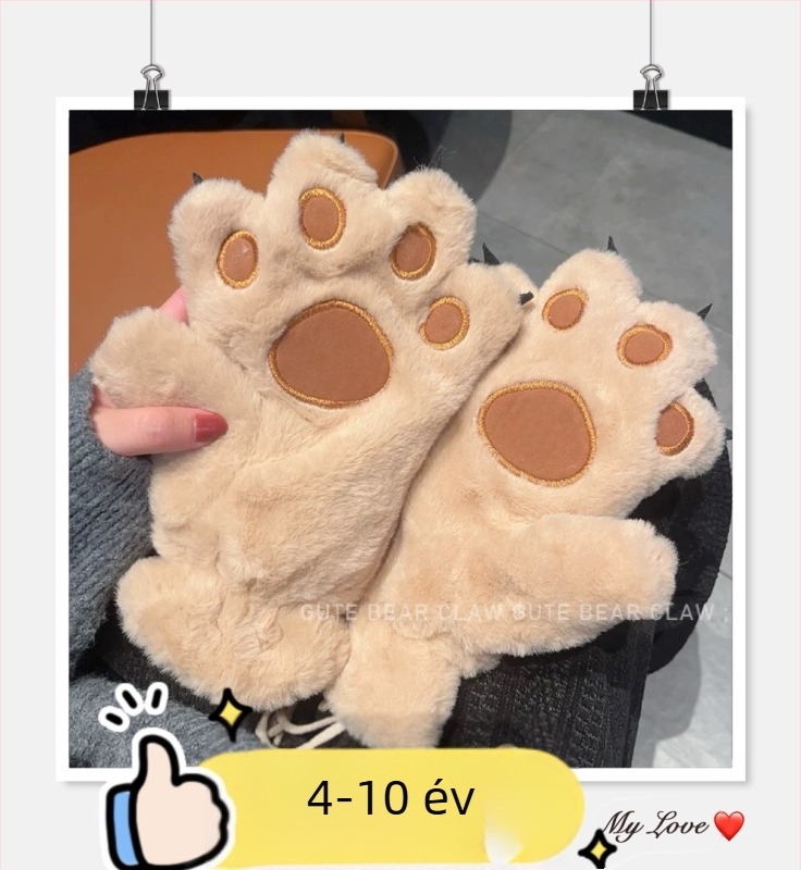 Gyerekeknek készült maci tappancsos plüss kesztyű – akril szálból, melegen tart, tavasz, 4–9 évesek
