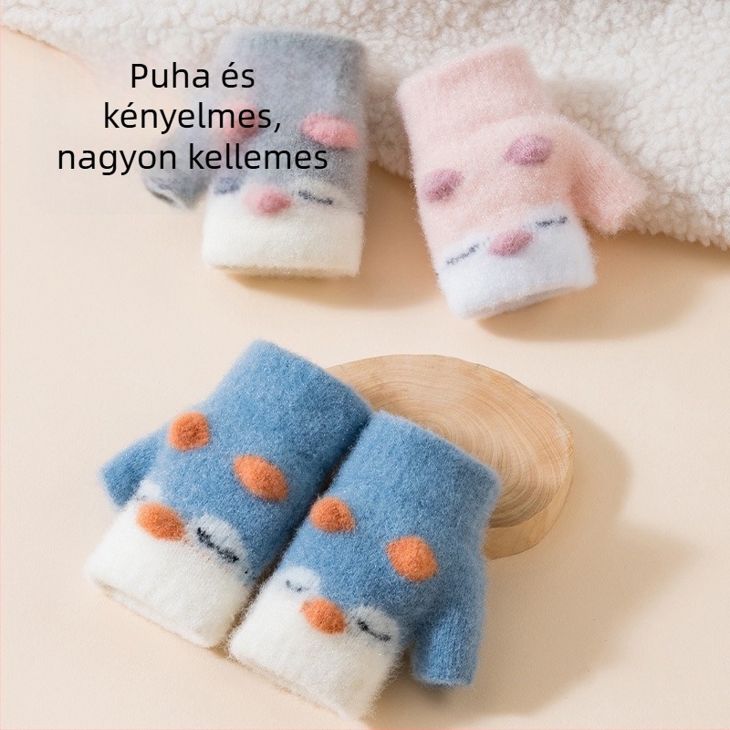 Mesterséges kasmírból készült félujjas baba kesztyű, fleece bevonattal, rajzfilm mintával, 0–2 év, ősz/tél