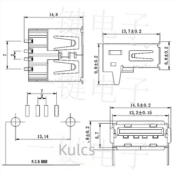 USB 2.0 Type-A SMT csatlakozó, 90°-os, vízszintes és egyenes lábak