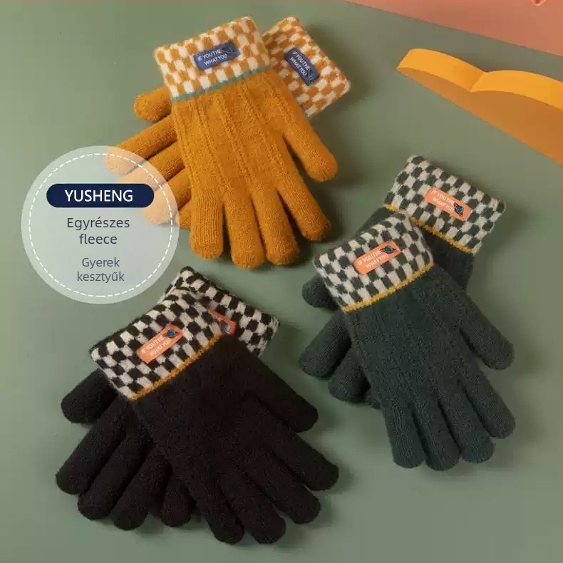 Gyerekeknek való bársonyos kötött kesztyű fleece bélés, meleg, teljes ujja, uniszex, érintőképernyő-kompatibilis