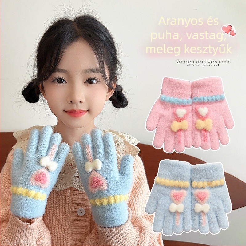 Gyerekeknek készült kötött kesztyűk őszi–téli szezonra, fleece-bélés, vastag, meleg, szélvédett, masni mintával, teljes ujjas