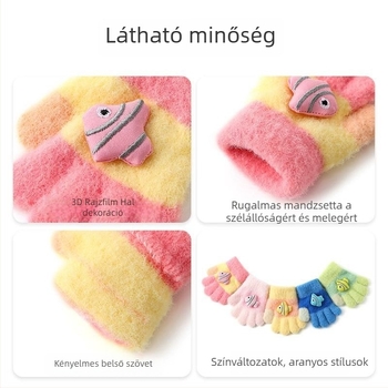 Gyerekek ötujjú kesztyű, uniszex, akril, jacquard kötés, meleg és szélálló téli és őszi szezonra, 2–12 évesek.
