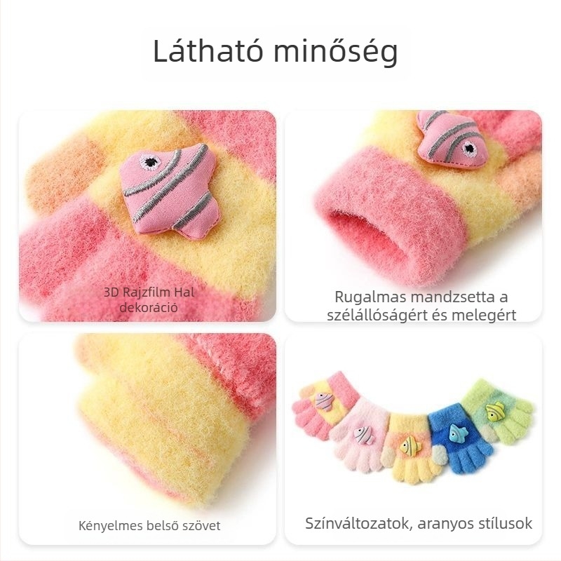 Gyerekek ötujjú kesztyű, uniszex, akril, jacquard kötés, meleg és szélálló téli és őszi szezonra, 2–12 évesek.