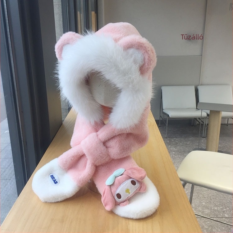 Plüss sapka beépített sállal, fleece béléssel, szélvédett fülvédő, meleg téli viselet, aranyos stílus