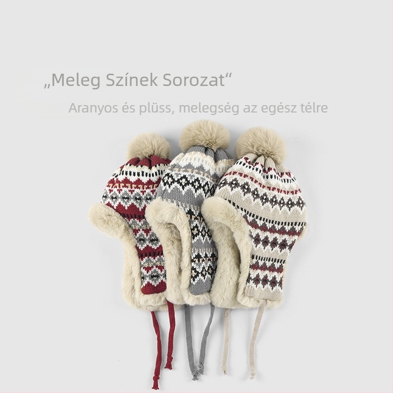 Téli gyerek sapka plüss belső fleece-béléssel és szélvédő fülvédővel, kötött pulóver-stílusú
