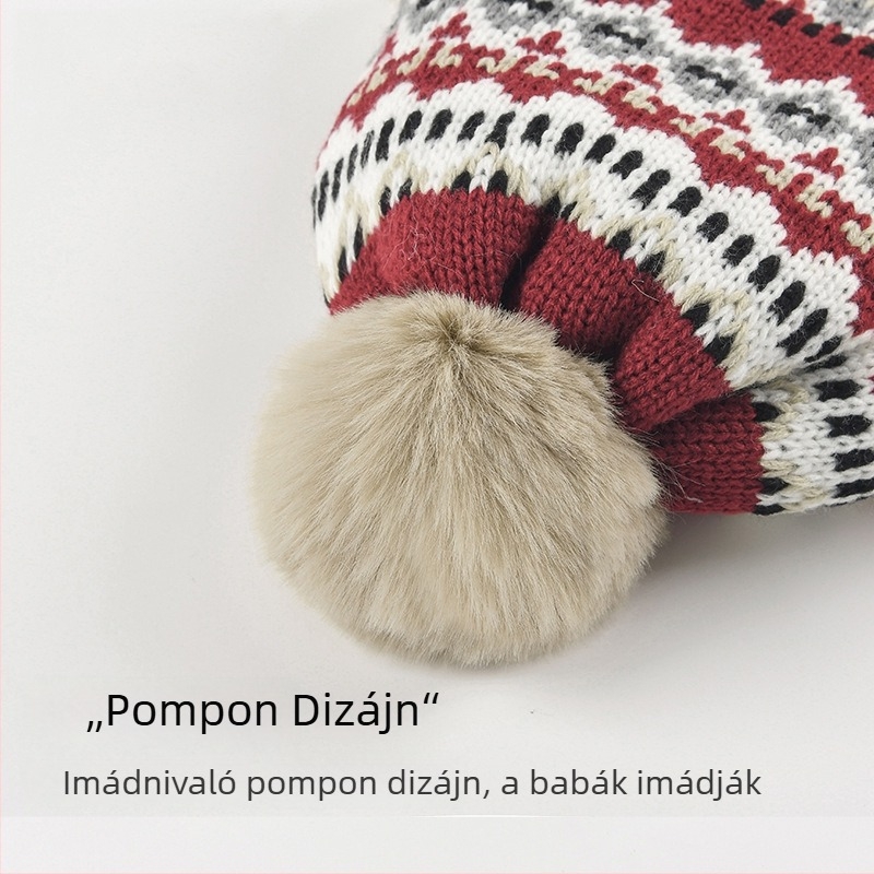 Téli gyerek sapka plüss belső fleece-béléssel és szélvédő fülvédővel, kötött pulóver-stílusú