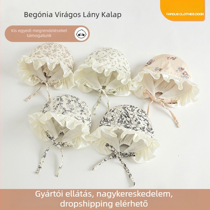 Baba sapka, pastoralisan elegáns és friss Begónia virággal, pamutból, fülvédő, szélvédett, hercegnő kupola stílus, 0–12 hónap