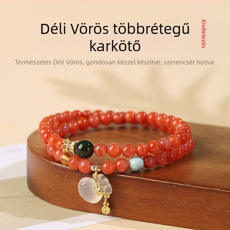 Yufuxiang Eredeti természetes déli piros achát több szálas karkötő nőknek, cseresznyepiros, jégfény