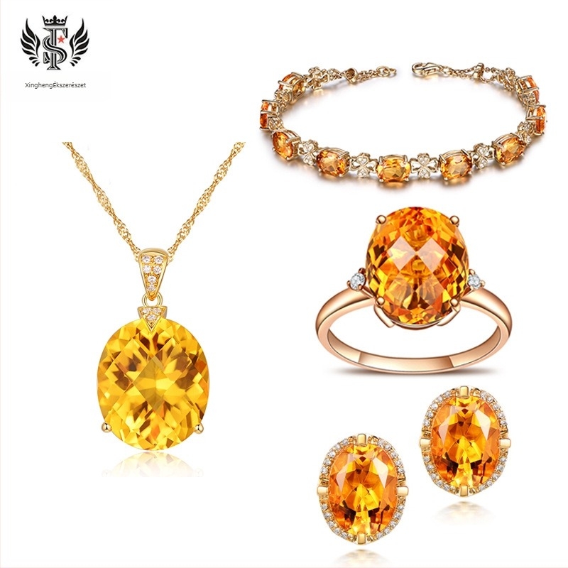 Moissanite ékszerszett: medál, négy karom gyűrű, fülbevalók és karkötő; réz alap, doboz lánc, hossz 51–80 cm