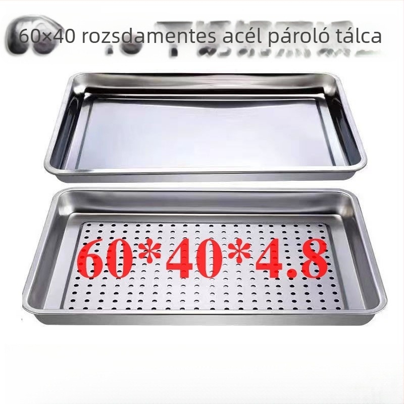 60×40 cm-es téglalap alakú gőzölő tálca 304 rozsdamentes acélból, lyukas, leeresztőnyílásokkal, gőzölő szekrényekhez és kocsihoz