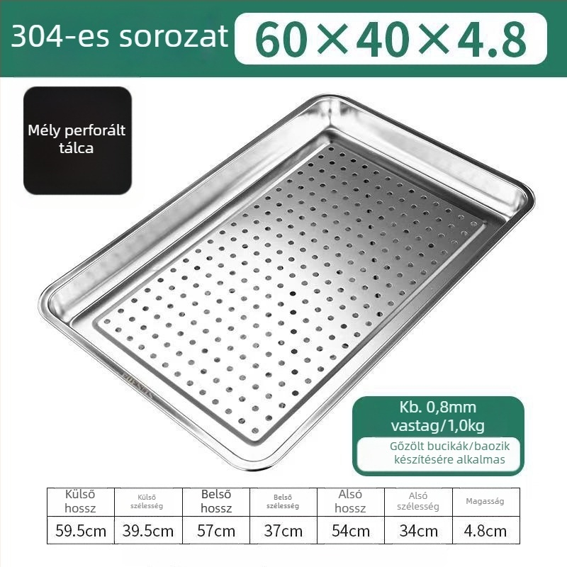 60×40 cm-es téglalap alakú gőzölő tálca 304 rozsdamentes acélból, lyukas, leeresztőnyílásokkal, gőzölő szekrényekhez és kocsihoz
