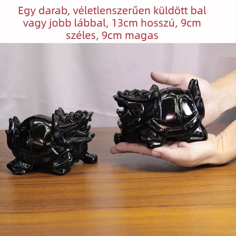 Obszidián sárkányteknős dísz, természetes ásványkő, modern minimalist dekoráció.