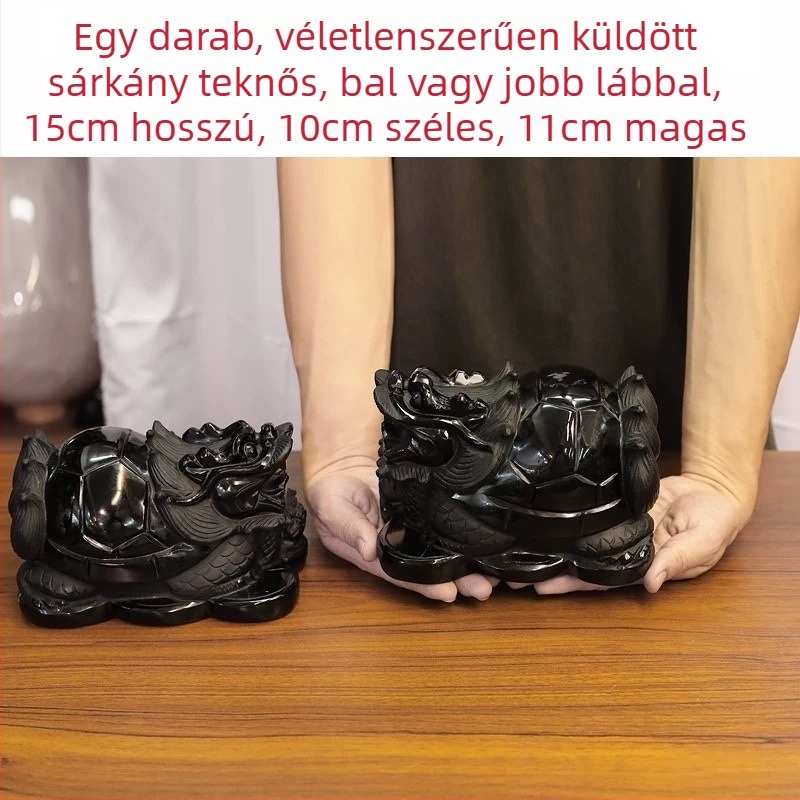 Obszidián sárkányteknős dísz, természetes ásványkő, modern minimalist dekoráció.