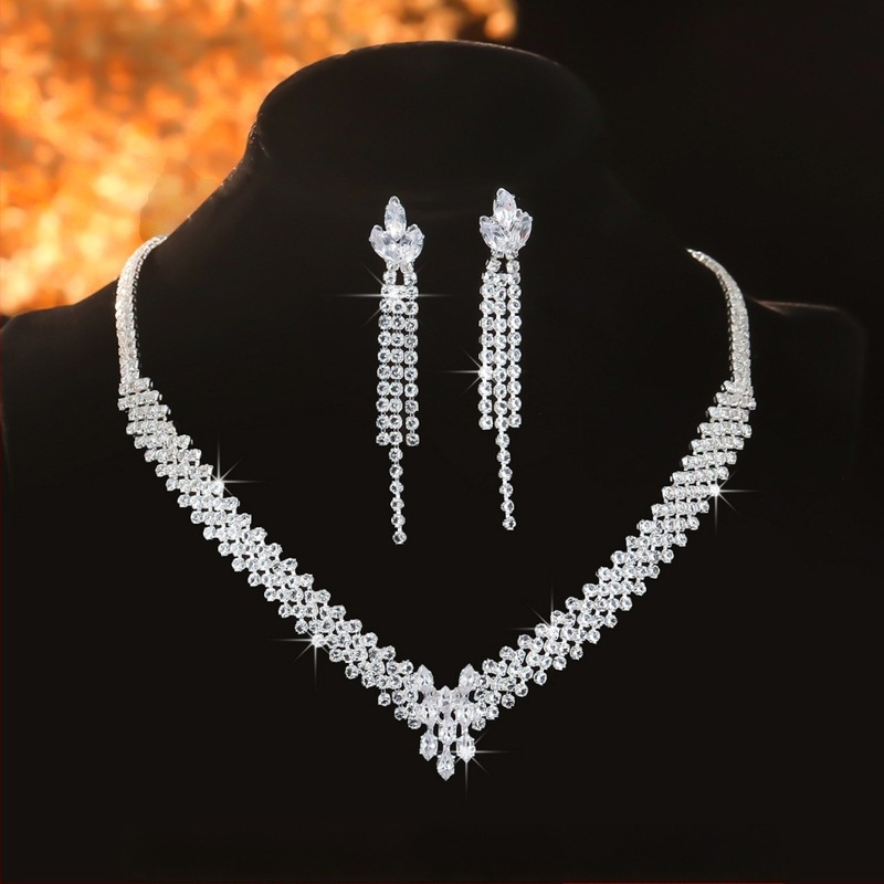 Jinxi kristály rhinestone fülbevaló és nyaklánc szett, elektroplakált befejezés, vintage–modern stílus nőknek