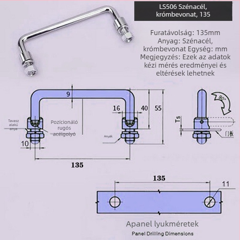 LS506 összecsukható szekrényfogantyú, 304 rozsdamentes acél, krómozott felület, felületre szerelhető
