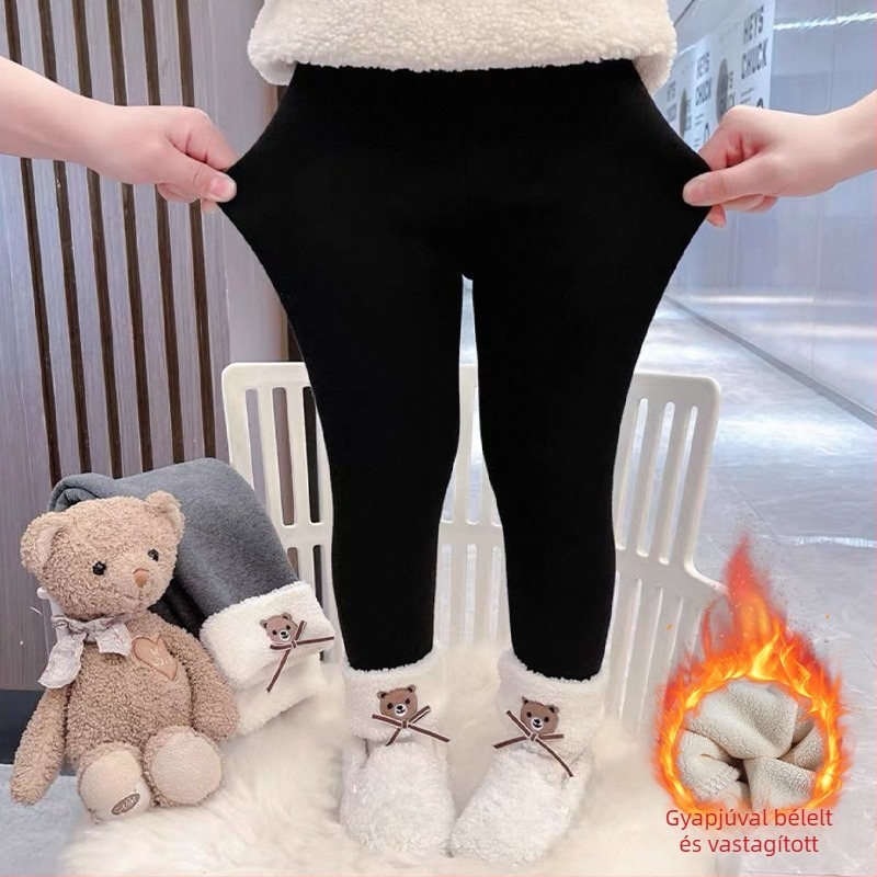 Gyerekeknek készült fleece-betétes őszi-téli leggings, meleg és sokoldalú, maci mintával